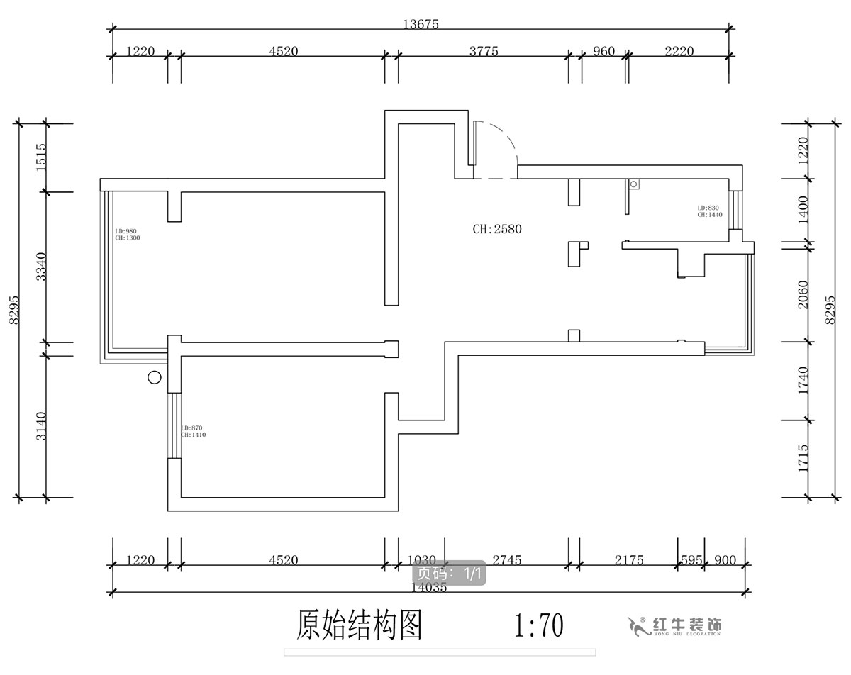 蔣?。蔡┐?1-401-80㎡-現(xiàn)代簡(jiǎn)約風(fēng)格｜2室1廳1衛(wèi)｜舊房裝修｜定制家￥126767｜全包12萬(wàn)｜00_01原始結(jié)構(gòu)圖