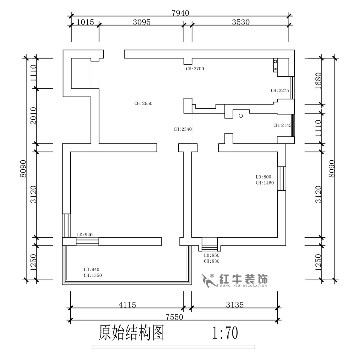 蔣琛｜公園路44號(hào)小區(qū)3-204-60㎡-現(xiàn)代簡(jiǎn)約風(fēng)格｜2室1廳1衛(wèi)｜舊房裝修｜定制家｜全包10萬(wàn)｜00_01原始結(jié)構(gòu)圖