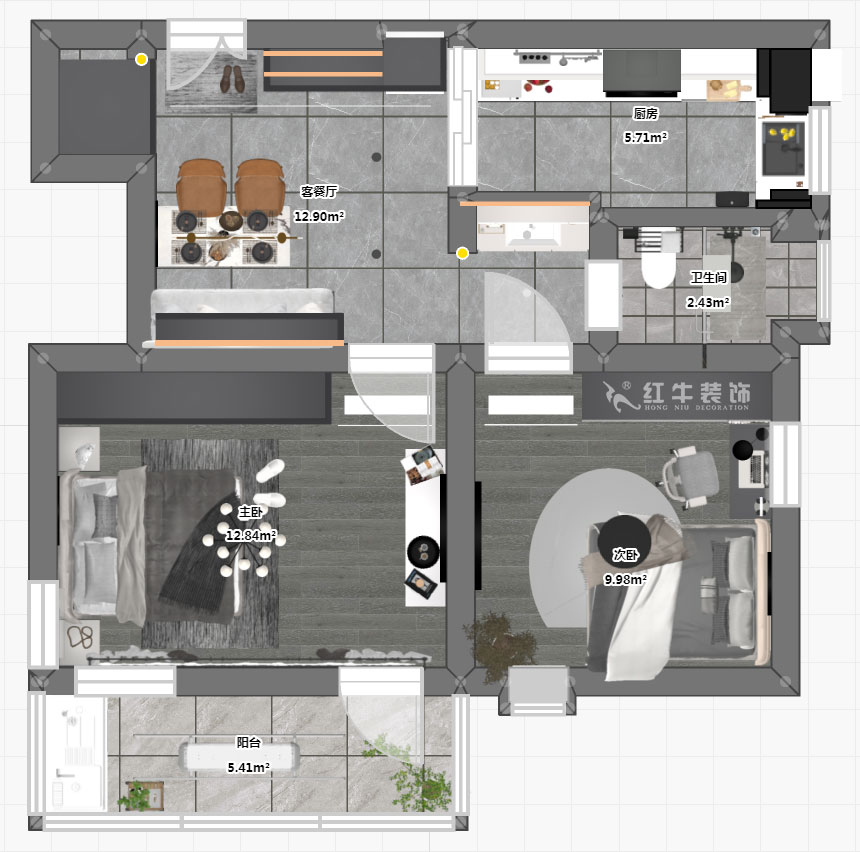 蔣琛｜公園路44號(hào)小區(qū)3-204-60㎡-現(xiàn)代簡(jiǎn)約風(fēng)格｜2室1廳1衛(wèi)｜舊房裝修｜定制家｜全包10萬(wàn)｜00_03平面彩圖