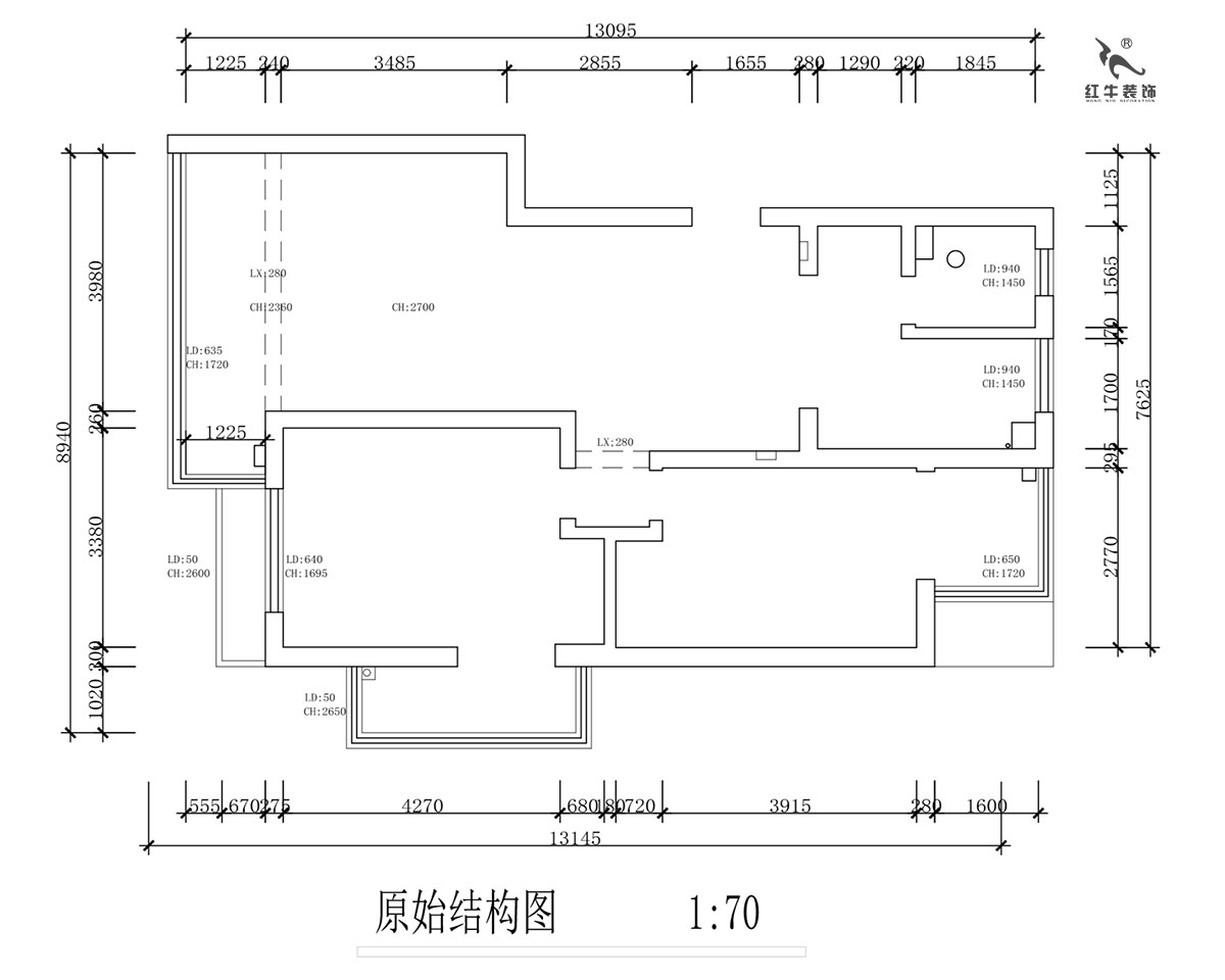蔣?。霄沃腥A廣場(chǎng)11-601-110㎡-現(xiàn)代簡(jiǎn)約風(fēng)格｜2室2廳1衛(wèi)｜舊房裝修｜定制家￥140400｜全包15萬(wàn)｜00_01原始結(jié)構(gòu)圖